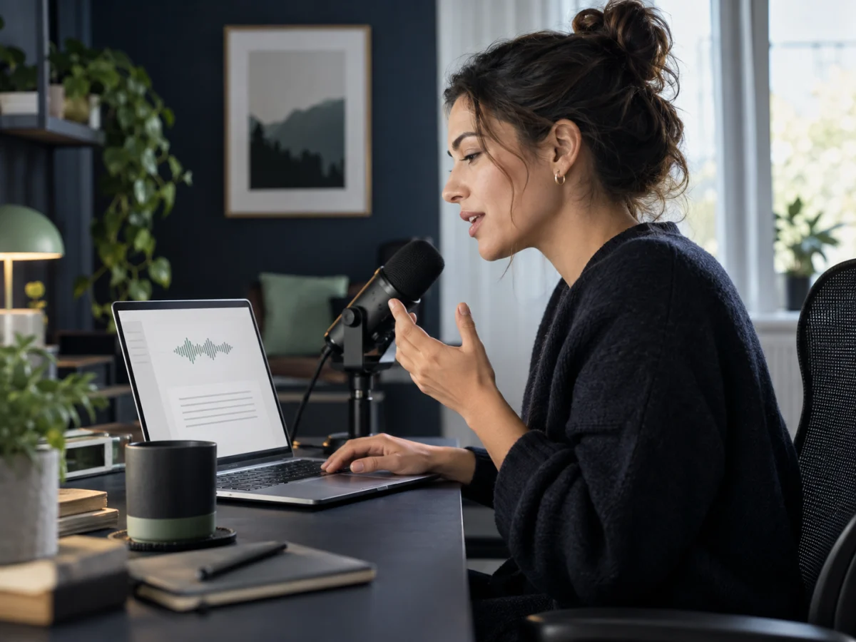 A professional using voice dictation while working on a laptop