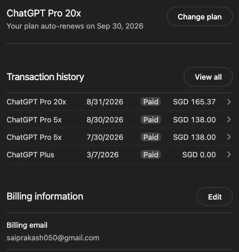 ChatGPT Pro billing history used for daily Codex work, including the visible billing email