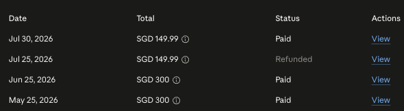 Claude personal billing history showing paid charges in Singapore dollars