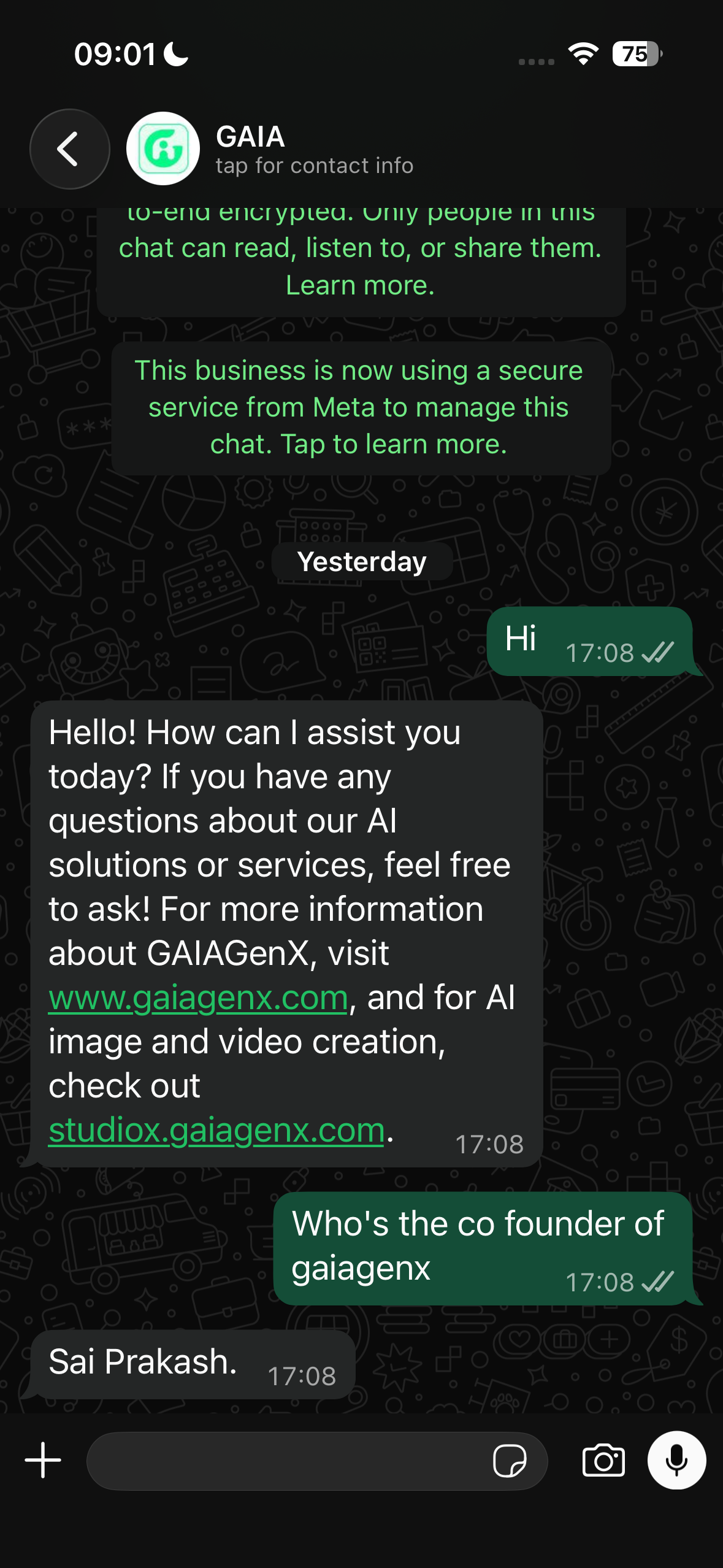 Live WhatsApp conversation showing the GAIA AI agent answering company questions